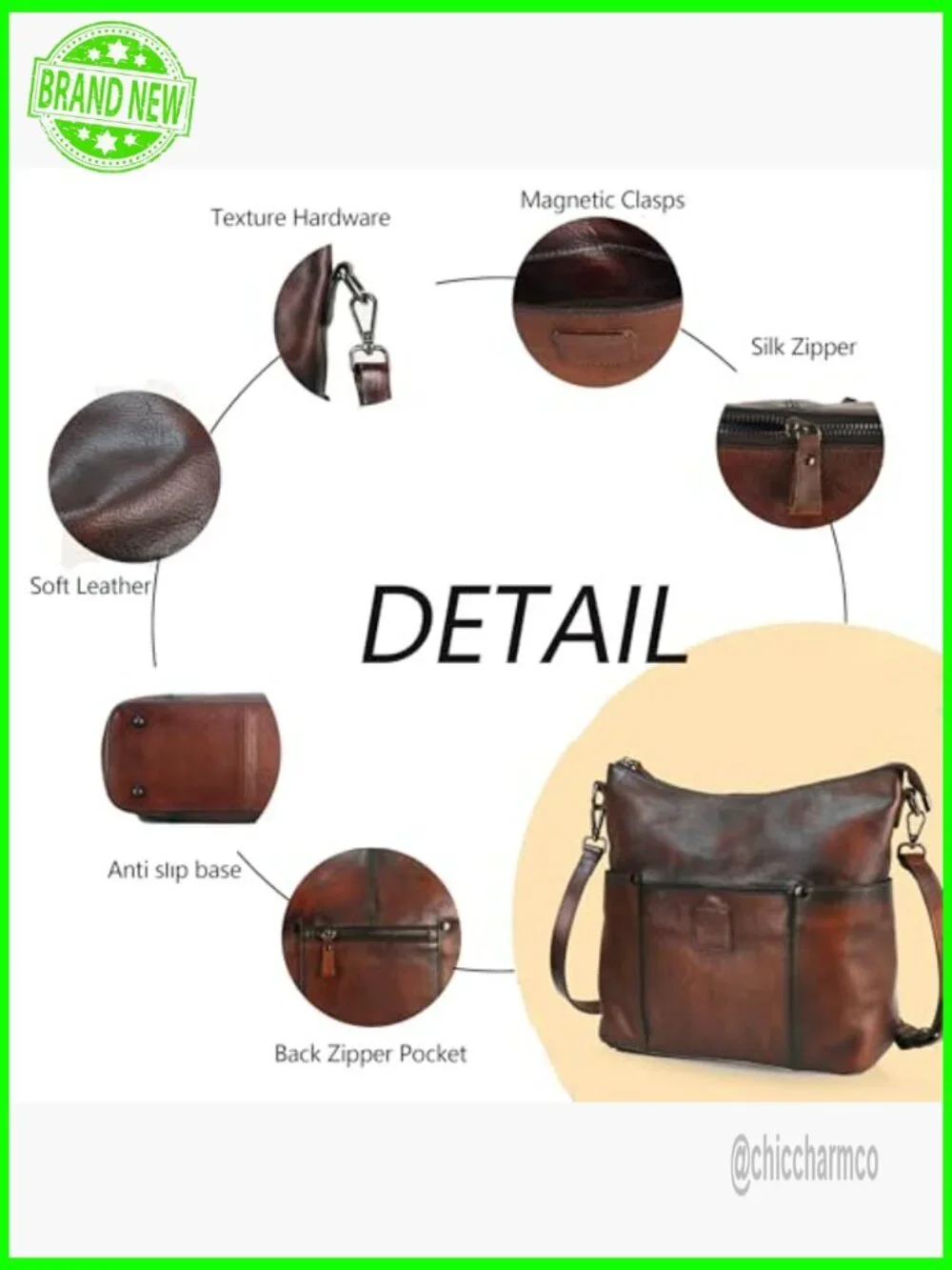 Genuine Leather Hobo Crossbody Bag with Adjustable Strap, Medium Size